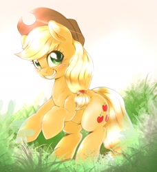 Size: 1622x1775 | Tagged: safe, artist:kurogewapony, applejack, earth pony, pony, g4, crepuscular rays, cute, female, grass, jackabetes, looking at you, mare, smiling, solo