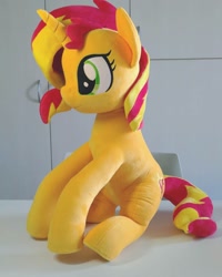 Size: 1440x1800 | Tagged: safe, artist:nekokevin, sunset shimmer, pony, unicorn, g4, chair, female, irl, mare, photo, plushie, side view, sitting, smiling, solo, table