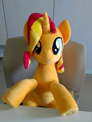 Size: 1536x2048 | Tagged: safe, artist:nekokevin, sunset shimmer, pony, unicorn, g4, chair, female, irl, looking at you, mare, photo, plushie, sitting, smiling, solo, table, underhoof