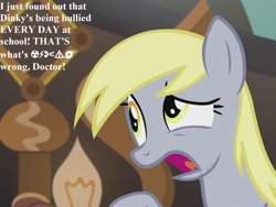 Size: 1440x1080 | Tagged: safe, edit, edited screencap, editor:korora, screencap, derpy hooves, pony, g4, season 5, slice of life (episode), angry, censored vulgarity, cropped, doctor whooves' lab, female, frown, grawlixes, implied dinky, implied doctor whooves, mare, open mouth, solo, wingdings
