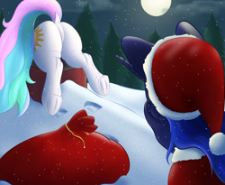 Size: 2200x1800 | Tagged: safe, artist:aquaticvibes, princess celestia, princess luna, alicorn, pony, g4, bag, butt, buttstuck, chimney, christmas, christmas is cancelled, christmas outfit, dock, duo, duo female, facehoof, featureless crotch, female, frog (hoof), hat, holiday, looking at butt, mare, moon, night, nose wrinkle, plot, raised tail, royal sisters, sack, santa hat, sisters, snow, snowfall, stuck, sunbutt, tail, underhoof