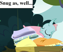 Size: 864x720 | Tagged: safe, edit, edited screencap, editor:korora, screencap, ocellus, changedling, changeling, g4, school daze, cropped, cute, diaocelles, eyes closed, inset, pillow, snug, solo, text, tree