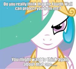 Size: 1126x1033 | Tagged: safe, princess celestia, g4, breaking the fourth wall, caption, evil smirk, fourth wall, inverted mouth, looking at you, meme, smiling, smirk, text, the fourth wall cannot save you