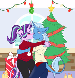 Size: 4337x4500 | Tagged: safe, artist:chub-wub, artist:shimazun, starlight glimmer, trixie, unicorn, anthro, g4, alternate hairstyle, blushing, candle, cheek kiss, christmas, christmas tree, clothes, collaboration, duo, eyes closed, female, hearth's warming eve, holiday, hug, jeans, kissing, leonine tail, lesbian, mare, mistletoe, one eye closed, pants, ponytail, present, ship:startrix, shipping, shirt, smiling, snow, snowman, sweater, t-shirt, tree, wink