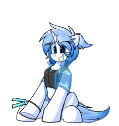 Size: 2035x2160 | Tagged: safe, artist:movieskywalker, derpibooru exclusive, oc, oc only, oc:venir winter, pony, unicorn, 2021 community collab, derpibooru community collaboration, blue eyes, clothes, female, high res, horn, looking at you, simple background, sitting, smiling, solo, transparent background, underhoof, unicorn oc