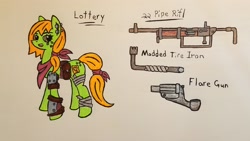 Size: 3052x1717 | Tagged: safe, artist:dice-warwick, oc, oc only, oc:lottery, earth pony, pony, fallout equestria, armored legs, clothes, ear piercing, freckles, gun, piercing, scarf, solo, weapon