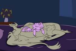Size: 1280x853 | Tagged: safe, artist:discolight-diary, discord, twilight sparkle, alicorn, pony, g4, female, lesbian, limited palette, open mouth, ship:discolight, shipping, sleeping, tongue out, trans female, transgender, twilight sparkle (alicorn)