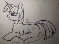 Size: 1440x1080 | Tagged: safe, artist:henry forewen, twilight sparkle, pony, unicorn, g4, concave belly, lying down, monochrome, prone, sketch, solo, traditional art, unicorn twilight