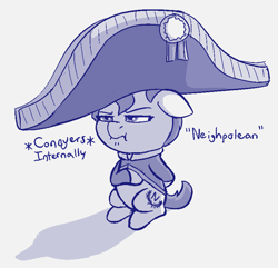Size: 802x773 | Tagged: safe, artist:heretichesh, oc, oc:neighpolean, pony, clothes, female, filly, hat, impossibly large hat, monochrome, napoleon bonaparte, ribbon, sketch, text