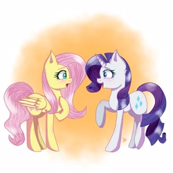 Size: 3098x3098 | Tagged: safe, artist:galaxy swirl, fluttershy, rarity, pegasus, pony, unicorn, g4, abstract background, blushing, colored eyebrows, duo, duo female, eye contact, eyebrows, female, folded wings, high res, hoof on chest, horn, lesbian, looking at each other, looking at someone, mare, open mouth, profile, raised hoof, ship:flarity, shipping, signature, smiling, standing, surprised, wings