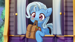 Size: 2840x1600 | Tagged: safe, artist:symbianl, trixie, pony, unicorn, g4, season 6, to where and back again, :3, bag, blushing, butt fluff, cheek fluff, colored eyebrows, cute, diatrixes, ear fluff, eyebrows, female, fluffy, high res, hoof fluff, horn, leaning, leg fluff, mare, mouth hold, nom, saddle bag, scene interpretation, signature, smiling, solo, sweet dreams fuel, symbianl is trying to murder us, to saddlebags and back again, trixie's wagon, unshorn fetlocks, weapons-grade cute