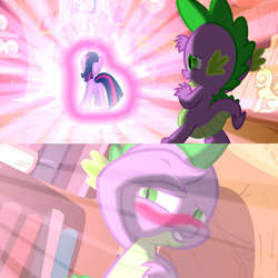 Size: 1920x1920 | Tagged: safe, edit, edited screencap, screencap, spike, twilight sparkle, dragon, pony, unicorn, g4, magical mystery cure, blushing, butt, female, golden oaks library, male, mare, plot, unicorn twilight