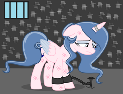 Size: 2804x2138 | Tagged: safe, artist:lominicinfinity, oc, oc only, oc:sparkdust knight, alicorn, pony, abuse, alicorn oc, bruised, cuffs, female, high res, horn, horn ring, magic suppression, mare, prison, ring, sad, solo, tally marks, tether, two toned wings, wings