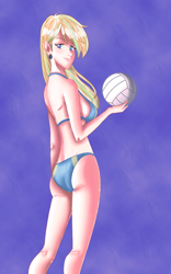 Size: 750x1200 | Tagged: safe, artist:kyle23emma, sunshower raindrops, human, g4, ass, bikini, blonde, blonde hair, breasts, butt, clothes, confident, ear piercing, earring, highlights, holding, humanized, jewelry, looking at you, looking back, looking back at you, looking over shoulder, piercing, purple background, sexy, sideboob, simple background, smiling, smirk, smug, solo, sports, sunshower rainbutt, swimsuit, volleyball