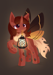 Size: 2150x3024 | Tagged: safe, artist:howxu, oc, oc only, oc:flechette, changeling, moth, mothling, original species, female, high res, lantern, mare, mouth hold, raised hoof, red changeling, simple background, solo