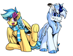 Size: 2842x2160 | Tagged: safe, artist:movieskywalker, derpibooru exclusive, oc, oc only, oc:code quill, oc:jeppesen, kirin, pegasus, pony, 2021 community collab, derpibooru community collaboration, braid, clothes, cloven hooves, duo, feather, female, flower, flower in hair, frog (hoof), group photo, high res, kirin oc, looking at you, male, multicolored hair, open mouth, pegasus oc, quill, scarf, simple background, smiling, transparent background, underhoof, wings, yellow skin