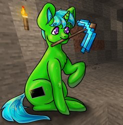 Size: 2947x3000 | Tagged: safe, artist:squirrelly, oc, oc only, oc:green byte, pony, unicorn, diamond pickaxe, high res, male, minecraft, mouth hold, pickaxe, raised hoof, sitting, solo, stallion