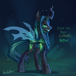 Size: 3000x3000 | Tagged: source needed, safe, artist:jedayskayvoker, queen chrysalis, changeling, g4, changeling king, colored, colored sketch, dialogue, full color, grin, high res, king metamorphosis, lidded eyes, male, quadrupedal, rule 63, sketch, smiling, solo