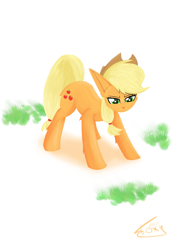 Size: 2600x3700 | Tagged: safe, artist:toxinagraphica, applejack, earth pony, pony, g4, cheek fluff, clothes, female, fluffy, grass, hat, high res, lineless, mare, open mouth, simple background, smiling, solo, white background