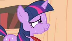 Size: 1920x1080 | Tagged: safe, screencap, twilight sparkle, pony, unicorn, g4, it's about time, frown, golden oaks library, puffy cheeks, quill, solo, sweat, tickling, unicorn twilight