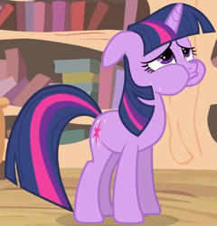 Size: 1262x1313 | Tagged: safe, edit, screencap, twilight sparkle, pony, unicorn, g4, it's about time, cropped, frown, golden oaks library, puffy cheeks, solo, sweat, unicorn twilight