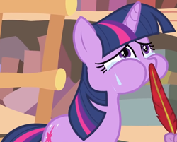 Size: 1850x1489 | Tagged: safe, screencap, spike, twilight sparkle, pony, unicorn, g4, it's about time, cropped, crying, golden oaks library, pre sneeze, puffy cheeks, quill, solo focus, sweat, tickling, unicorn twilight