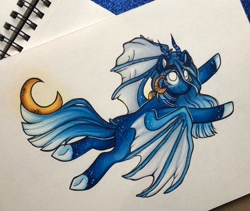 Size: 1280x1078 | Tagged: safe, artist:canadianpancake1, oc, oc only, pony, flying, horns, marker drawing, moon, solo, traditional art