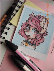 Size: 2121x2828 | Tagged: safe, artist:canadianpancake1, oc, pony, bust, clothes, hat, headshot commission, high res, marker drawing, pink, pony oc, portrait, simple background, traditional art