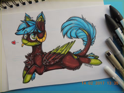 Size: 2828x2121 | Tagged: safe, artist:canadianpancake1, oc, oc only, pony, fluffy, full body, high res, horns, marker drawing, solo, tongue out, traditional art, wings