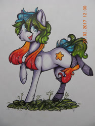 Size: 2121x2828 | Tagged: safe, artist:canadianpancake1, oc, oc only, earth pony, pony, earth pony oc, full body, grass, happy, high res, marker drawing, pony oc, solo, traditional art
