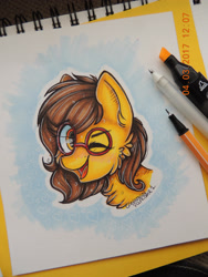Size: 2121x2828 | Tagged: safe, artist:canadianpancake1, oc, oc only, pony, bust, glasses, happy, headshot commission, high res, marker drawing, one eye closed, pony oc, portrait, simple background, solo, traditional art, wink