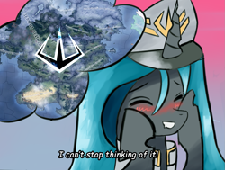 Size: 1543x1169 | Tagged: safe, artist:bacbko, queen chrysalis, changeling, changeling queen, equestria at war mod, g4, anime style, blushing, clothes, cute, cutealis, female, hearts of iron 4, map, meme, smiling, subtitles, teeth, uniform