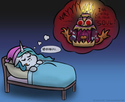 Size: 630x517 | Tagged: safe, artist:banebuster, princess celestia, alicorn, pony, series:tiny tia, g4, bed, bloodshot eyes, cake, cake monster, cakelestia, cute, cutelestia, dream, everything went better than expected, eyes closed, fear becomes sweet, food, gradient background, hat, licking, licking lips, nightcap, nightmare, nightmare retardant, sleeping, sweet dreams fuel, thought bubble, tongue out, wryyy
