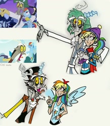 Size: 1747x2015 | Tagged: safe, artist:citi, screencap, discord, rainbow dash, draconequus, human, pegasus, pony, g4, my little pony best gift ever, what about discord?, artificial wings, clothes, crazy face, cutie mark, cutie mark on clothes, ear piercing, eyebrow piercing, faic, fangs, humanized, magic, magic wings, male, piercing, scarf, scene interpretation, screencap reference, wings, winter outfit