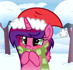 Size: 528x508 | Tagged: safe, artist:darbypop1, oc, oc only, oc:alyssa rice, alicorn, pony, chibi, christmas, clothes, female, hat, holiday, mare, santa hat, scarf, snow, solo, starry eyes, tree, wingding eyes