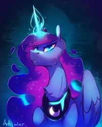 Size: 851x1065 | Tagged: safe, artist:anticular, princess luna, alicorn, pony, abstract background, angry, female, glowing horn, horn, magic, mare, solo
