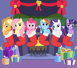 Size: 8917x7854 | Tagged: safe, artist:coreyscorner, applejack, fluttershy, pinkie pie, rainbow dash, rarity, twilight sparkle, earth pony, pegasus, pony, unicorn, g4, absurd resolution, bells, blanket, christmas, christmas stocking, crystal, cute, fire, fireplace, hearth's warming, hearth's warming eve, holiday, looking at you, mane six, present, ribbon, smiling