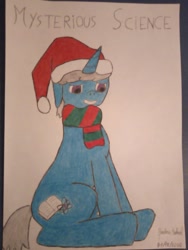 Size: 780x1040 | Tagged: safe, artist:niënor, oc, oc only, oc:mysterious science, pony, unicorn, blue skin, christmas, clothes, hat, holiday, male, scarf, simple background, solo, traditional art, violet eyes