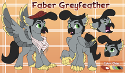 Size: 3733x2200 | Tagged: safe, artist:breloomsgarden, oc, oc only, oc:faber greyfeather, bird, hippogriff, quail, hat, high res, hippogriff oc, male, reference sheet, shamag, solo, stallion