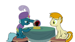 Size: 1366x768 | Tagged: safe, artist:lazymort, oc, oc only, oc:mort elstar, oc:olavsson, pony, g4, it's about time, crystal ball, mystical orb, orb, pillow, table, transparent background