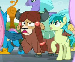 Size: 539x444 | Tagged: safe, screencap, gallus, sandbar, seaspray, yona, earth pony, griffon, hippogriff, pony, yak, g4, school daze, angry, animated, cloven hooves, cropped, duo focus, female, gif, male, offscreen character, rearing, stomping, stop, worried