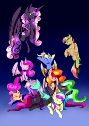 Size: 1540x2187 | Tagged: safe, artist:minelvi, oc, oc only, alicorn, pegasus, pony, unicorn, alicorn oc, bored, flying, horn, pegasus oc, smiling, unicorn oc, wings