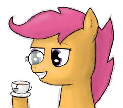 Size: 570x505 | Tagged: safe, artist:lazymort, scootaloo, pony, g4, bust, food, monocle, simple background, solo, tea, white background
