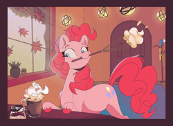 Size: 2636x1917 | Tagged: safe, artist:slowpoke, pinkie pie, earth pony, pony, g4, autumn, chocolate, crepuscular rays, food, hot chocolate, leaves, marshmallow, mouth hold, sprinkles, unshorn fetlocks, whipped cream, whisk