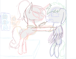 Size: 761x599 | Tagged: safe, artist:caveburrito, oc, oc only, pegasus, pony, unicorn, duo, evil smile, female, grin, horn, lineart, male, mare, needle, pegasus oc, scared, smiling, stallion, syringe, unicorn oc, wings