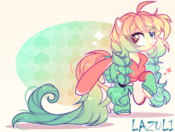 Size: 2768x2096 | Tagged: safe, artist:mint-light, oc, oc only, earth pony, pony, abstract background, base used, braid, clothes, earth pony oc, heterochromia, high res, signature, smiling, solo