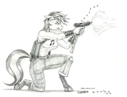 Size: 1280x975 | Tagged: safe, artist:baron engel, dj pon-3, vinyl scratch, unicorn, anthro, unguligrade anthro, g4, badass, black and white, breasts, busty vinyl scratch, clothes, fallout, fallout 4, female, firing, grayscale, gun, machine gun, monochrome, pants, patreon, patreon reward, pencil drawing, pistol, simple background, solo, star model md, story in the source, story included, traditional art, weapon, white background