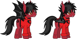 Size: 2750x1395 | Tagged: safe, artist:lightningbolt, derpibooru exclusive, bat pony, pony, g4, .svg available, bat wings, clandestine industries, clothes, ear fluff, fall out boy, fangs, folded wings, happy, hood, hoodie, male, messy mane, messy tail, pete wentz, ponified, reference, shirt, show accurate, simple background, slit pupils, solo, spread wings, stallion, svg, tattoo, transparent background, undershirt, vector, wings, zipper