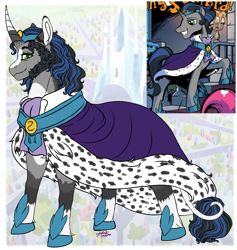 Size: 852x900 | Tagged: safe, artist:malinraf1615, idw, king sombra, classical unicorn, pony, unicorn, g4, alternate hairstyle, chest fluff, clothes, cloven hooves, good king sombra, headcanon, hoof shoes, horn, jewelry, leonine tail, male, markings, redesign, regalia, robe, solo, stallion, unshorn fetlocks