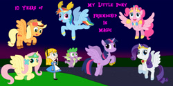 Size: 4000x2000 | Tagged: safe, artist:04startycornonline88, applejack, fluttershy, pinkie pie, rainbow dash, rarity, spike, twilight sparkle, alicorn, dragon, pony, g4, alice in wonderland, alicorn six, applecorn, clothes, cosplay, costume, crossover, fiona munson, fluttercorn, flying, friendship, hill, kid vs kat, mane seven, mane six, pinkiecorn, rainbowcorn, raricorn, twilight sparkle (alicorn), winged spike, wings